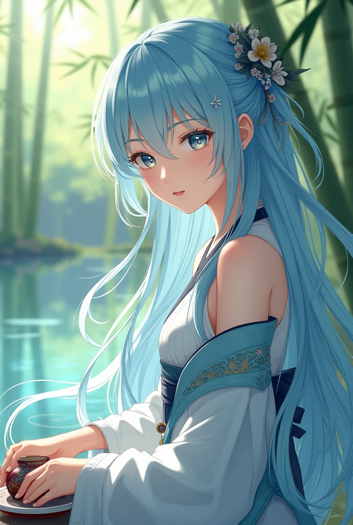 Masterpiece, Best Quality, Official Art, 8k Wallpaper, Very Detailed, Illustration, 1 Girl, Sky Blue Hair, Long Hair, Detailed Eyes, Forrest Gump, Bare Shoulders, Hanfu, Lake, Pure, Soft Smile, bamboo, tea