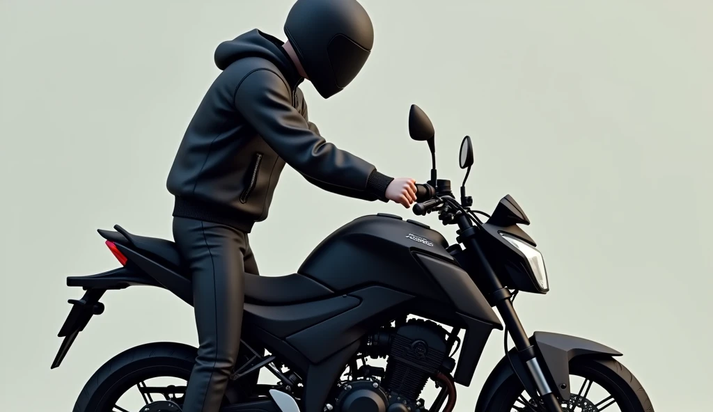 3D illustration animation A 20-year-old, thin, 1.80-meter-tall young man with his black Honda CB1500cc motorcycle, wearing a complete black jacket with a sports helmet. turning on the motorcycle starter. insert the key
focus zoom on the keyhole Honda sport CB1500cc motorcycle engine is on ready to go