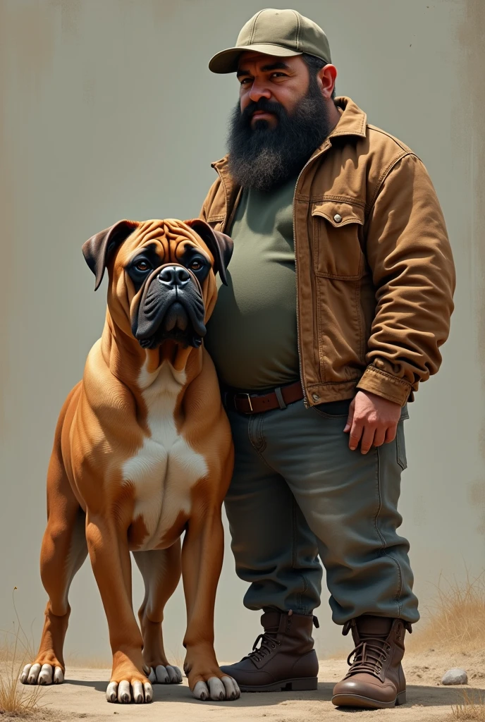 Animal Medium light brown dog, sharpei and boxer breed, with wrinkled face and muscular next to bearded man, short, short straight hair and thick eyebrows with a cap, similar to Daniel Calderon