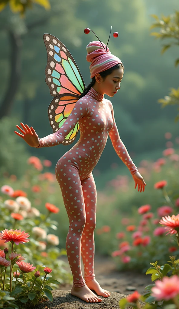 The beautiful and tallest chinese contortion ager girl with a pair of glasses with beautiful cheeks wears beautiful butterfly full lycra dancewear turtleneck unitard catsuit covered with white seamless polkadots that has colouful butterfly wings and beautiful butterfly lycra elastane dancewear hijab-like zentai hood with a pair of antenna.She is happy at flower garden to practice contortion performance.