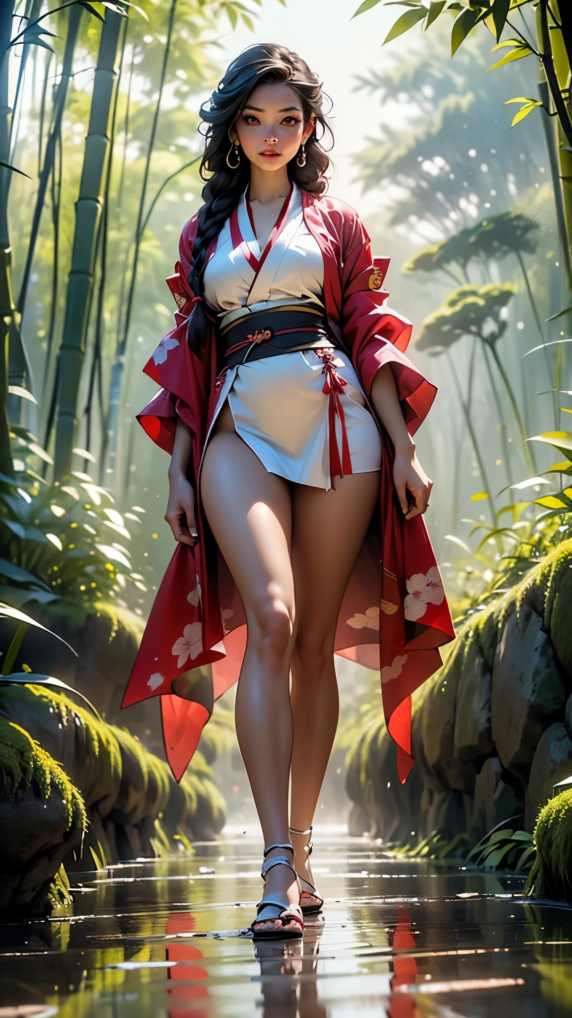 girl geisha,(((1girl))),((beautiful girl with kimono)),

(large breasts:1.4),saggy breasts,((((long twin braids,tight braids,long braid,braided hair,long hime cut,dark hair,black hair,colored inner hair)))),(((red_eyes:1.3))),intricate eyes,beautiful detailed eyes,symmetrical eyes,((fat)),(((lustrous skin:1.5,bright skin: 1.5,skin tanned,shiny skin,very shiny skin,shiny body,plastic glitter skin,exaggerated shiny skin,illuminated skin,wet legs))),(spider lower abdomen,narrow waist,wide hip,athletic body,inflated legs, thick thighs,detailed body,(detailed face)),

cute,slutty,seductive,erotic,(((nsfw))),

revealing clothing,show skin,((underboob:1.5)),(cleavage),(kimono,half-naked kimono:1.5),((red kimono,short sleeve kimono)),((zipper suit, zipper slightly unzipped))),((wet clothes,intricate outfit,intricate clothes)),

(dynamic pose:1.0),solo focus,embarrassed,(centered,scale to fit dimensions,Rule of thirds),

outdoors,(waterfall,bamboo,river,bamboo forest,japanese temple,red lanterns burning,temple in the forest,mossy stairway in the temple,dilapidated temple,bamboo sanctuary,),scenery,extremely scenery,(puddles everywhere,moss,moss on the background),clouds,lily pads,(sunset, golden hour),

(Glossy japan ornaments),highres,sharp focus,(ultra detailed,extremely detailed),(photorealistic artwork:1.37),(extremely detailed CG unity 8k wallpaper),(((vibrant colors,vibrant theme))),(intricate),(masterpiece),(best quality),artistic photography,(photography taken by sldr),(intricate background),perfect rendered face,perfect face details,realistic face,photo realistic,((intricate detail)),(((realism))),
