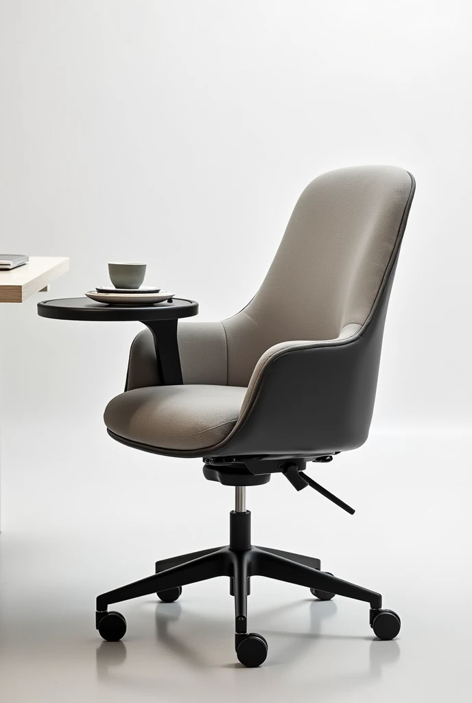 A dining chair, that has an armrest with a tray for the dishes, very comfortable, for office, It has to be a practical chair, to make meals, with the tray on your lap, with footrest