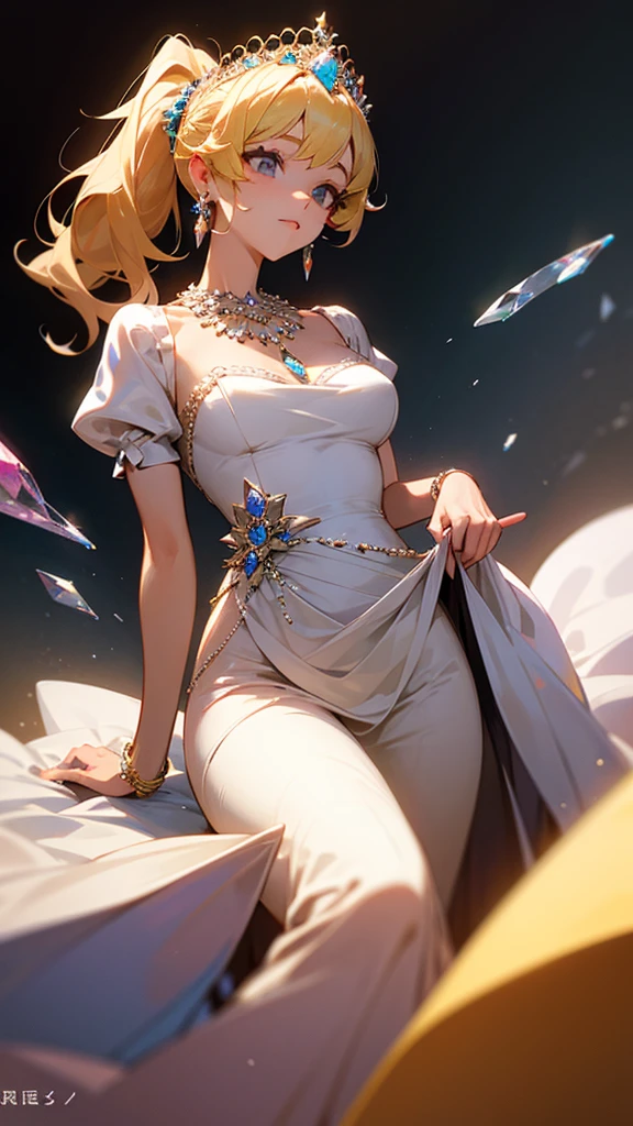 high resolution、Blonde、Perm Ponytail、Princess gorgeous dress、jeweled tiara、Luxury Jewelry Necklace、Gorgeous gemstone earrings