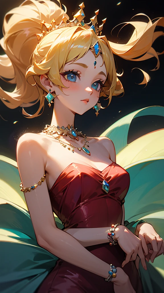 high resolution、Blonde、Perm Ponytail、Princess gorgeous dress、jeweled tiara、Luxury Jewelry Necklace、Gorgeous gemstone earrings