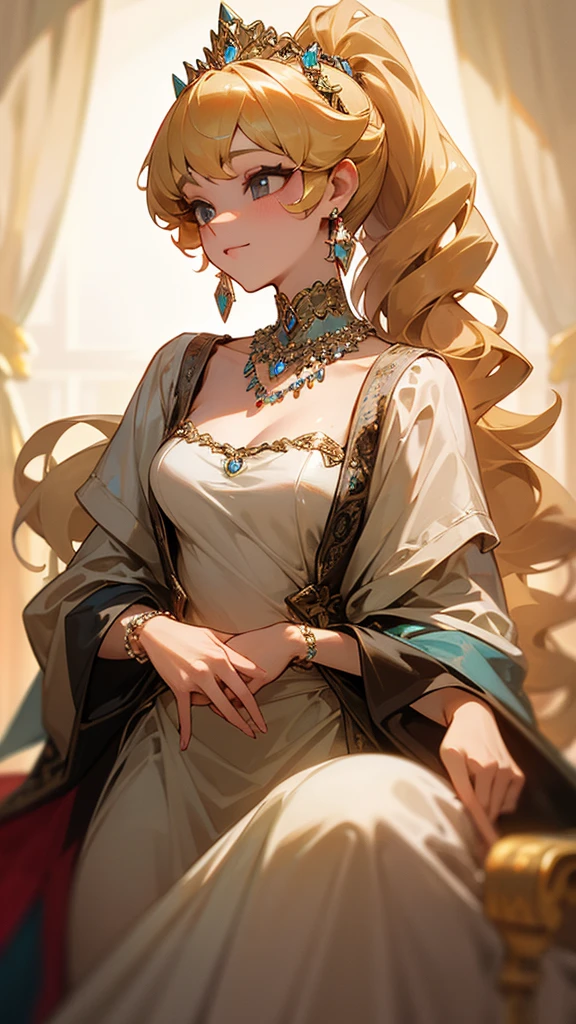 high resolution、Blonde、Perm Ponytail、Princess gorgeous dress、jeweled tiara、Luxury Jewelry Necklace、Gorgeous gemstone earrings