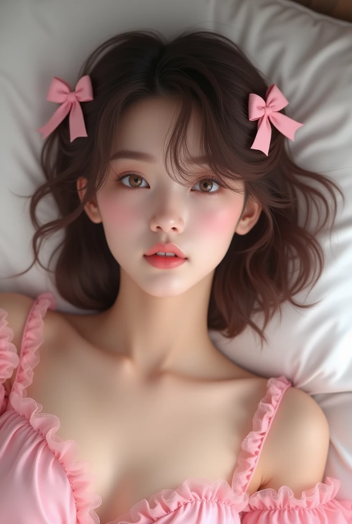 (photorealism:1.2), a man with jeong yunho face claim detailed, soft and cute features, oval soft face, soft chin, big doe eyes, round pink lips, pale skin, feminine
face features, detailed features, laying on a bed, dressed in pink boy clothes and small pink bows on his brown boy medium hair, slim body and plane chest, realistic details