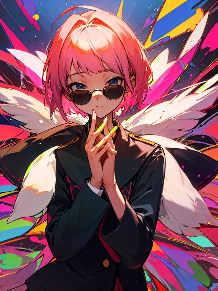 Buddha、Pink Sunglasses、Hands crossed in front、Pink short hair、Diagonal bangs, Black Banchou Uniform、black school cap、youth、High resolution, masterpiece, Highest quality,