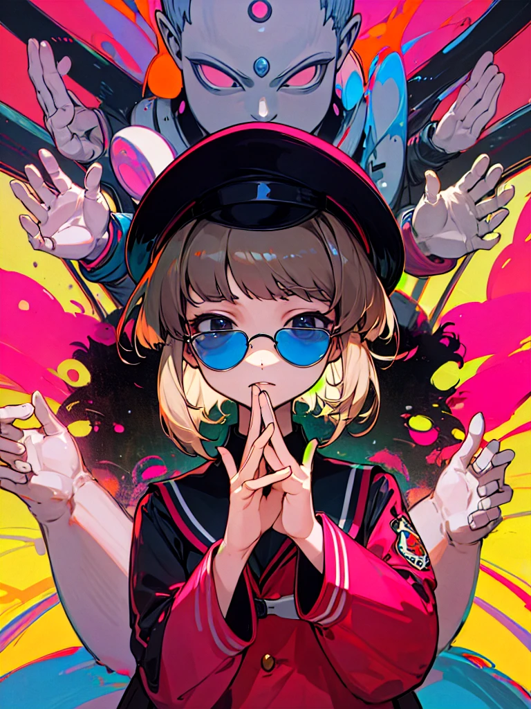 Buddha、Pink Sunglasses、Hands crossed in front、Pink short hair、Diagonal bangs, Black Banchou Uniform、black school cap、youth、High resolution, masterpiece, Highest quality, 