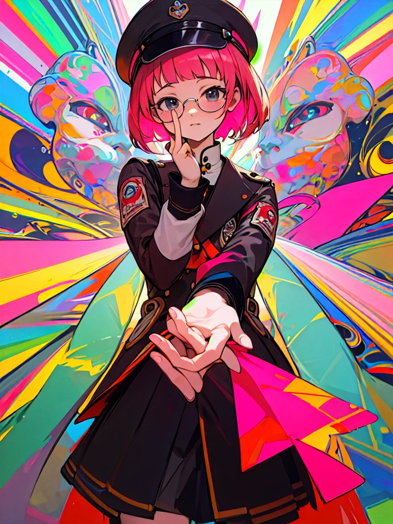 Buddha、Pink Sunglasses、Hands crossed in front、Pink short hair、Diagonal bangs, Black Banchou Uniform、black school cap、youth、High resolution, masterpiece, Highest quality, 