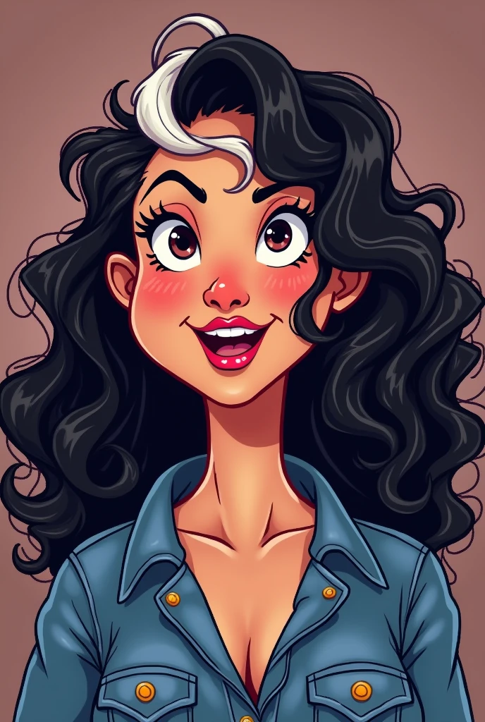 brunette woman, black person hair curly kinky layered long defined white streak, chubby, denim clothing, Brown eyes, reddened mouth, dark eyes, big and wide face, Disney pixel animation style wide nose