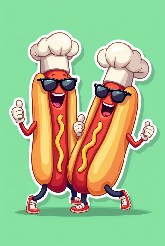 (best quality,4k,8k,highres,masterpiece:1.2),ultra-detailed,(realistic,photorealistic,photo-realistic:1.37),2 hotdogs characters,vector flat illustration,cartoon style,sunglasses,chef white hat,white gloves hands,sticker,green background,different character sizes,dynamic,vibrant colors,clean design,minimalist,playful,whimsical,fun,energetic,humorous,appealing,attractive,iconic,brand mascot,brand identity,brand : flat sticker vector 2d