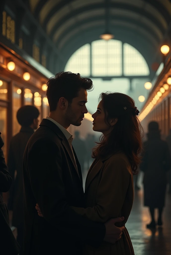 (photorealism:1.2), a couple of lovers waving goodbye to each other(Sad facial expression), at a train station, crowded with people, lights at night
