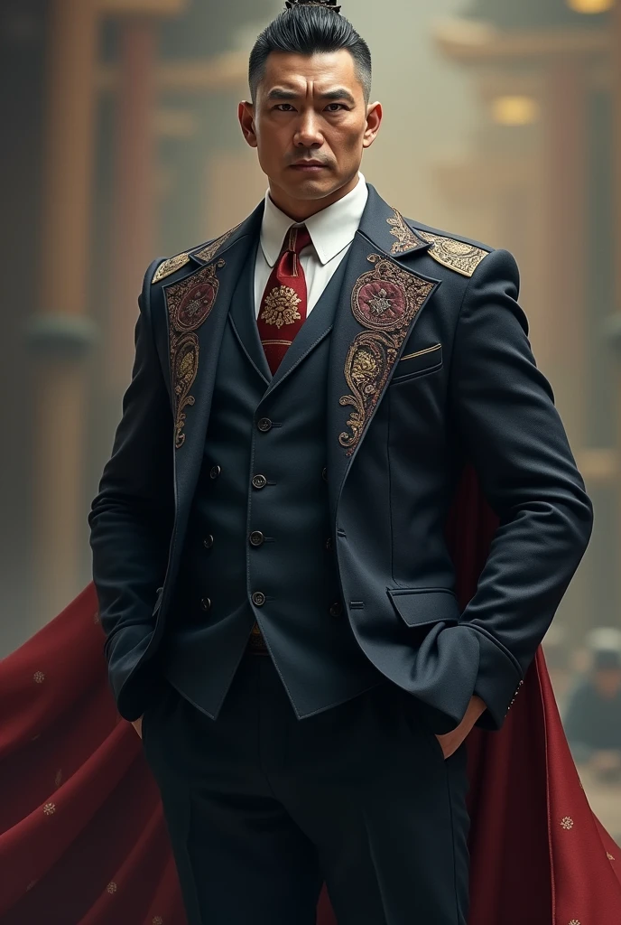 man in suit, Cao Cao, piercing look, strong arms, bonitas, shorth hair