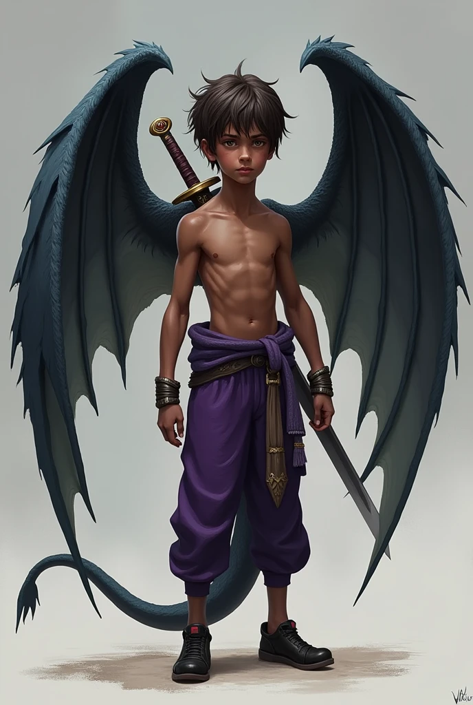 Skinny muscular dark-skinned boy with brown hair with brown eyes and deep dark katana dragon wings with a sword on his back wearing violet pants and black shoes 


