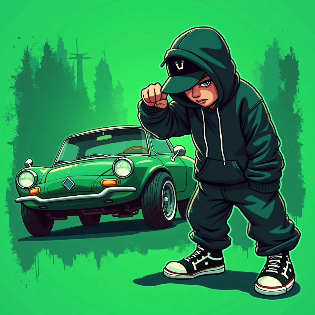 G-FUNK Hip Hop Album Cover, Green Background, Green Car, WONA G FUNK. Let's have an Asian teen troublemaker boy with a black hoodie and a black ball cap pressed deep