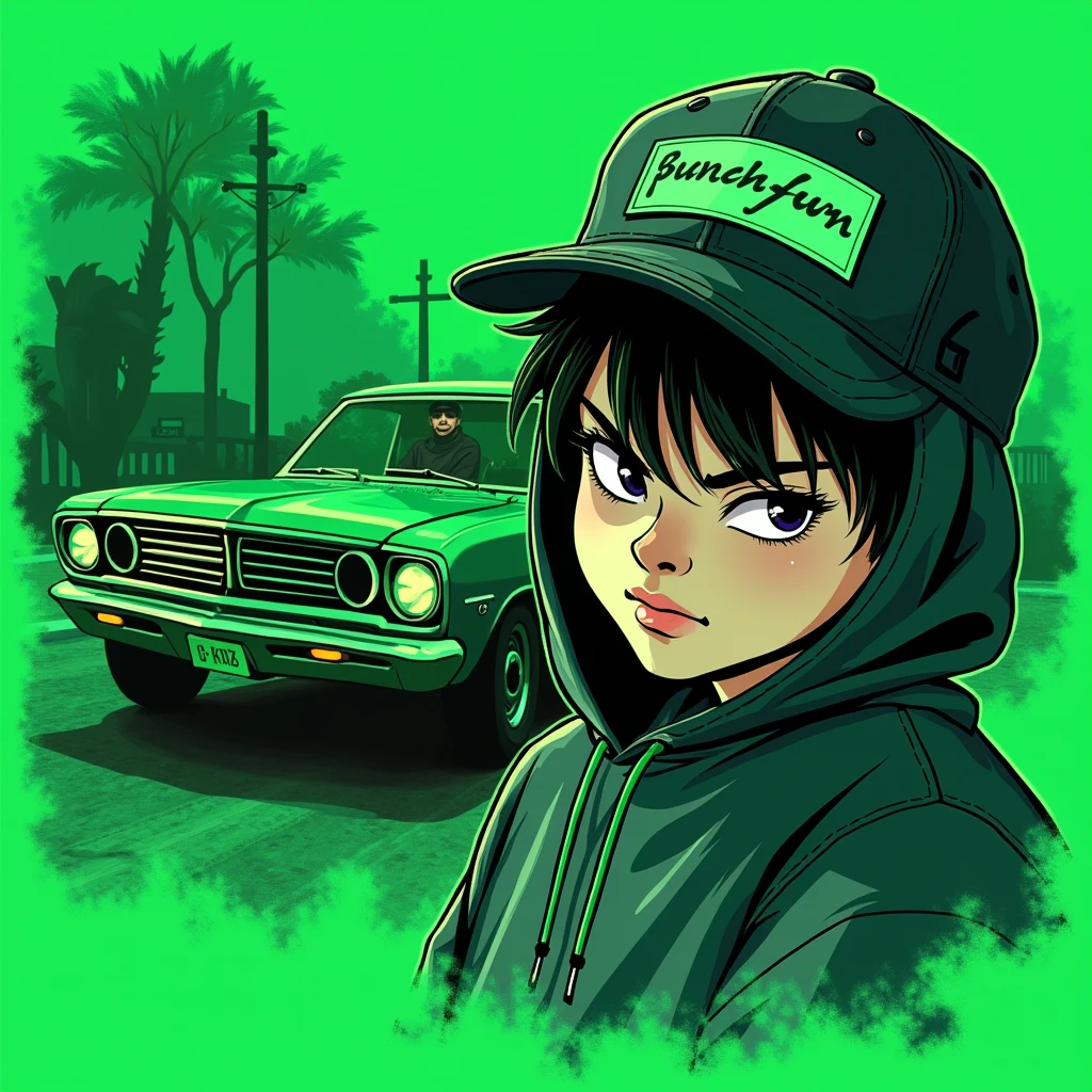 G-FUNK Hip Hop Album Cover, Green Background, Green Car, WONA G FUNK. Let's have an Asian teen troublemaker boy with a black hoodie and a black ball cap pressed deep
