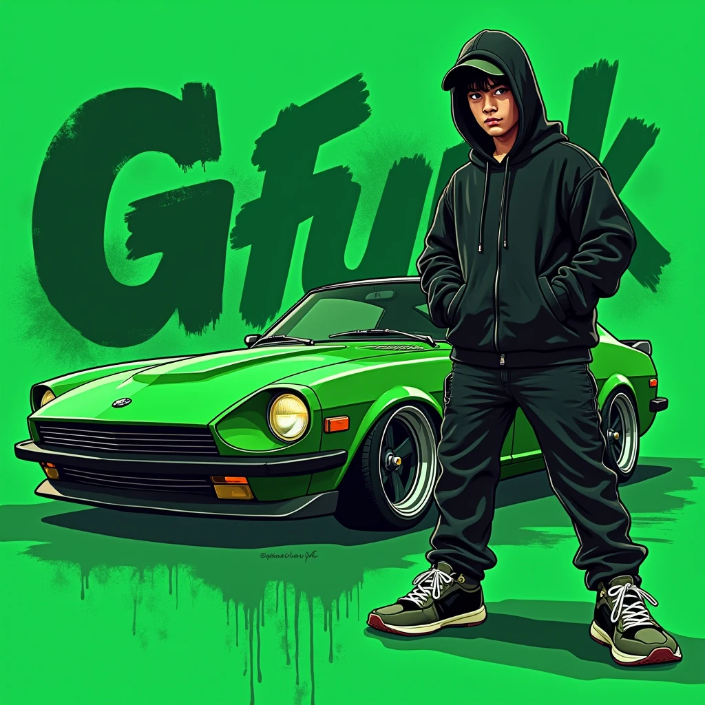 G-FUNK Hip Hop Album Cover, Green Background, Green Car, WONA G FUNK. Let's have an Asian teen troublemaker boy with a black hoodie and a black ball cap pressed deep