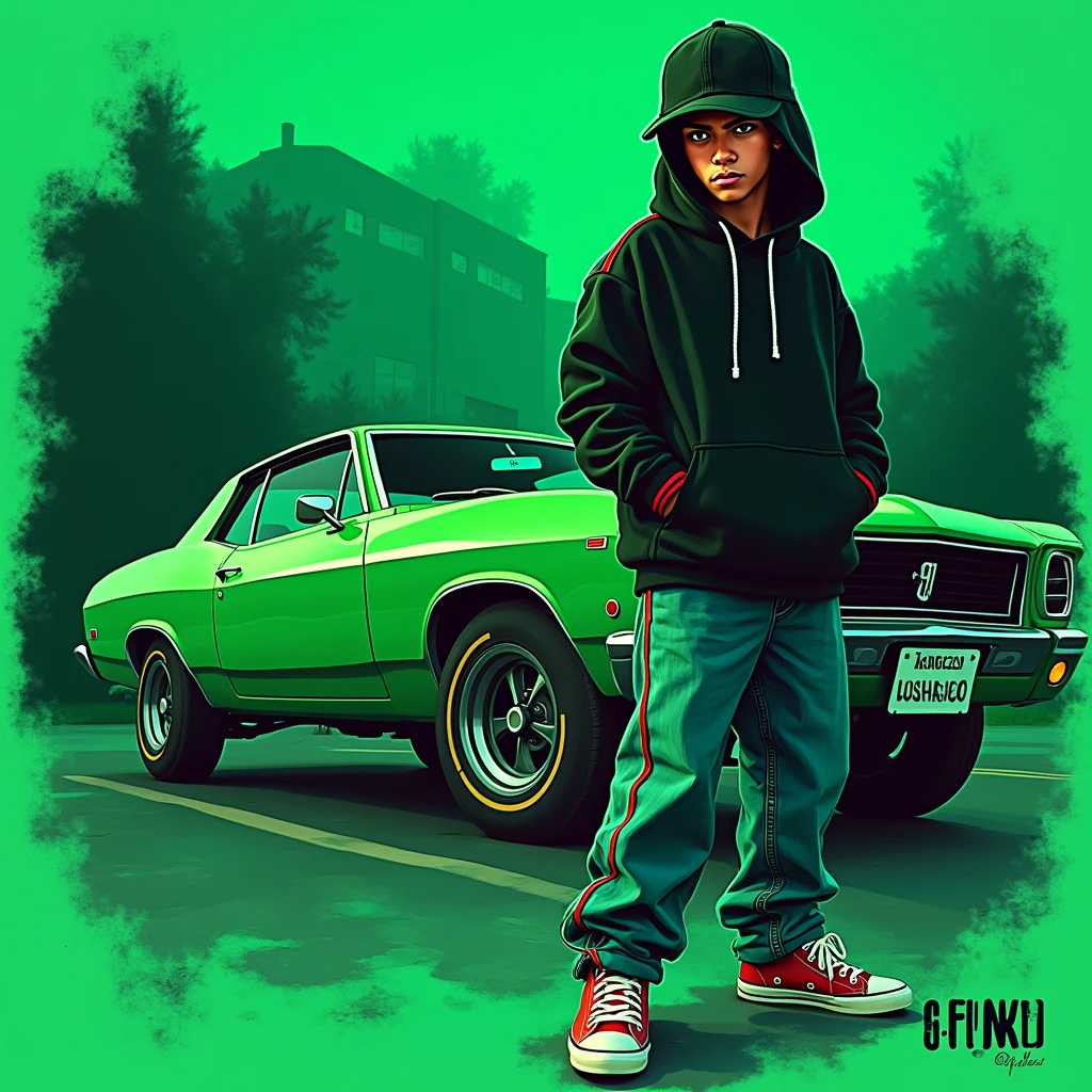 G-FUNK Hip Hop Album Cover, Green Background, Green Car, WONA G FUNK. Let's have an Asian teen troublemaker boy with a black hoodie and a black ball cap pressed deep
