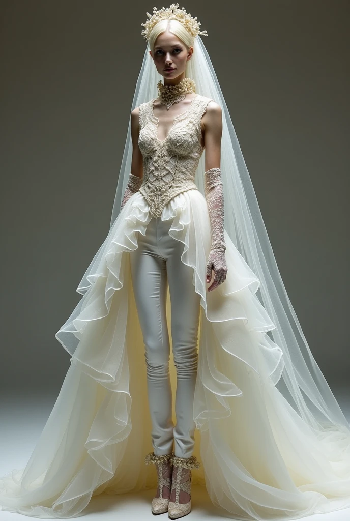 thin androgynous man, with blonde hair, rococo wedding dress. She wears a unique outfit that combines a dress with very tight dress pants.. The trousers are complemented by an impressive dress train that starts from the waist., with tulle and lace. the top, a high neck with full lace at the waist, sleeveless short sleeves without transparencies, decorated with delicate ruffles and glassware details that add a touch of luxury. The ensemble is completed with a bridal veil in layers of more than five meters., elbow length lace gloves