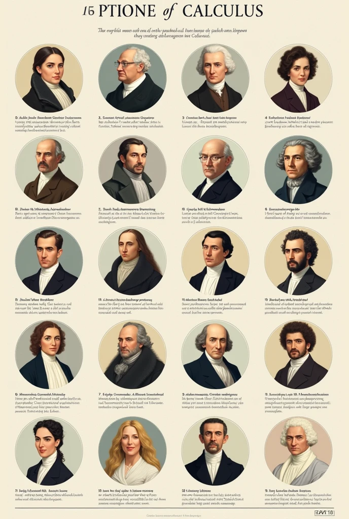 Give me a sheet with the image of 20 characters who contributed to the development of differential calculus
