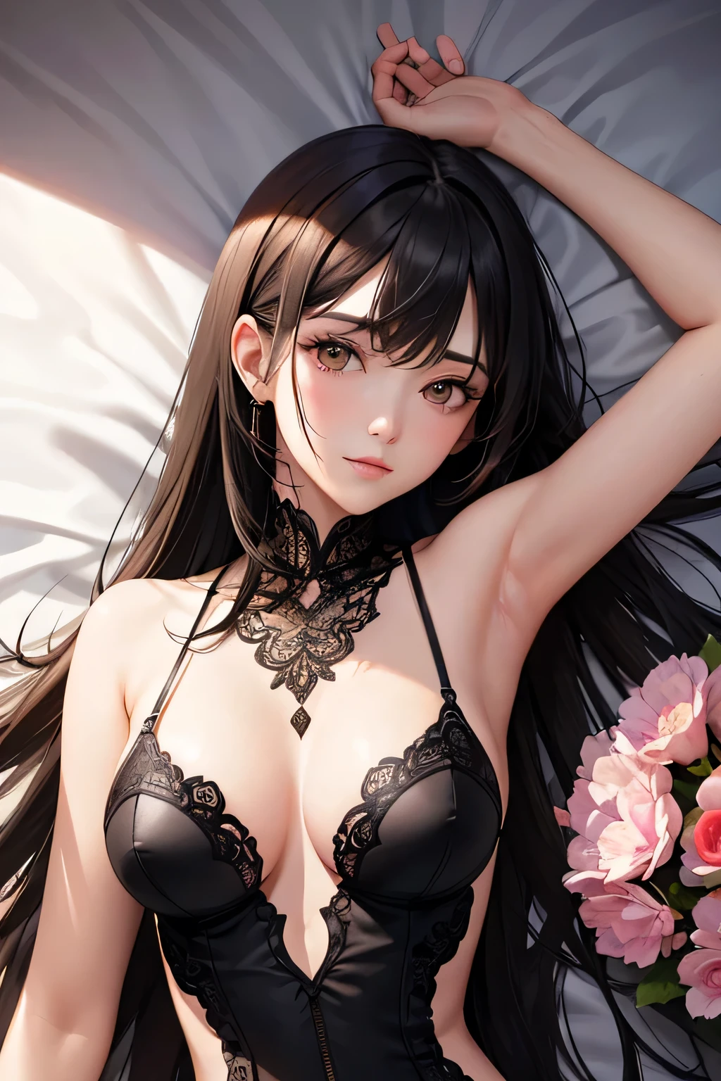 masterpiece, top quality, super detailed, high resolution, (ink painting style), excellent anatomy, beautiful 1 woman, long black hair, hello, bangs, brown eyes, ((pink good)), medium breasts, small smile, face is close, face close-up, half of the upper body, show your armpits, lying in bed, soft lighting, best light, best shadow, mysterious, perfect face, highly detailed,