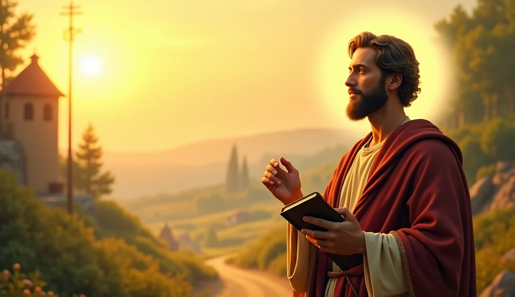 A serene and inspiring scene featuring Saint Joseph the Worker, depicted as a compassionate figure holding a tool (like a hammer) in one hand and a prayer book in the other. The background shows a warm dawn over a peaceful village, symbolizing hope and transformation. Use vibrant colors like soft yellows, warm oranges and gentle greens to evoke feelings of faith and positivity. Add a subtle glow effect around St. Joseph to emphasize his presence.