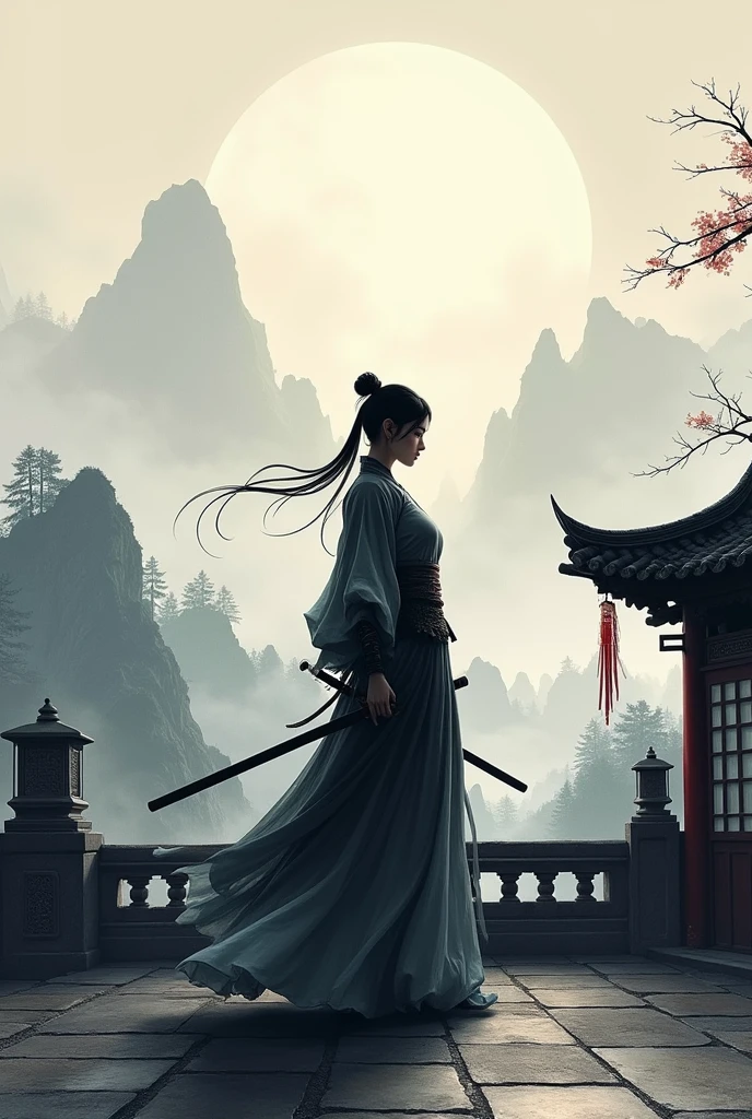 (((Highest quality))),(((Super detailed))),(((masterpiece))),figure,1 person,1 Female,Swordsman,Female Warrior,Chinese traditional clothing,Are standing,Ink Style,martial arts,Pause,rooftop,moonlight,night,background,Ancient Chinese architecture,Foggy Mountain,silhouette,Silence --ar 16:9