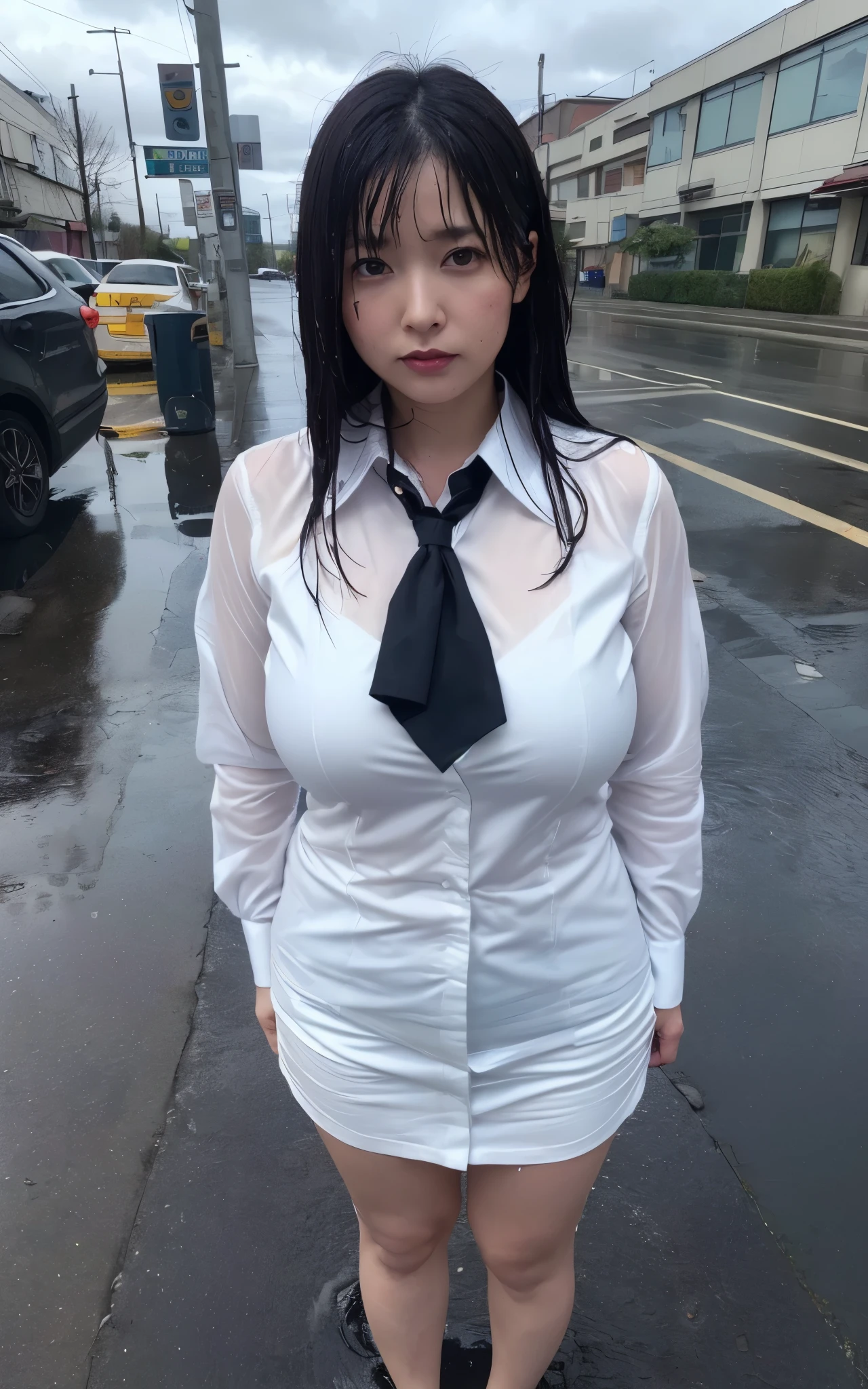(masterpiece, Highest quality, One girl, Beautiful office lady, Very wet, soaked from heavy rain, Long black hair, Straight hair, White blouse, Dark Skirt,  saggy big breasts:0.3, big hip, big thigh:0.4, Serious expression, Street Background, Detailed Scene, Reflective Puddle, Dark Clouds, heavy rain, realistic rain effect)