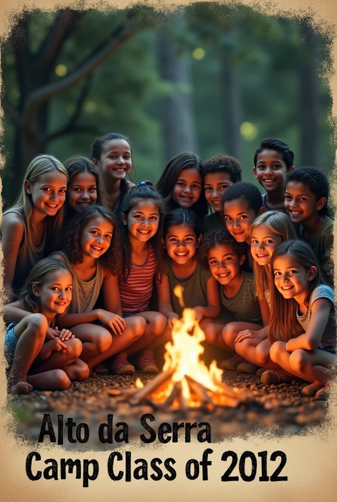 Distressed color photo of children at summer camp around campfire saying goodbye, group photo, 40 children aged 12 to 13, end of season, written on the photo Alto da Serra Camp Class of 2012