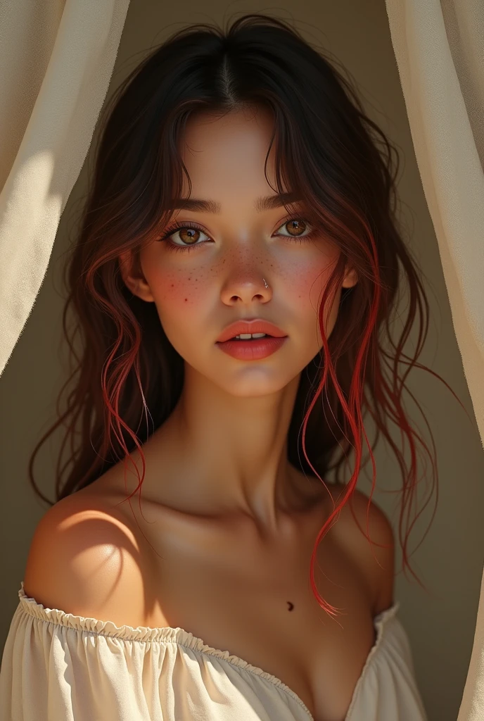 Light brown girl with small spots on her face (acne marks not so noticeable) cerquillo (type of curtains, to the sides) Chocolate colored hair mixed with a little red and a little dark