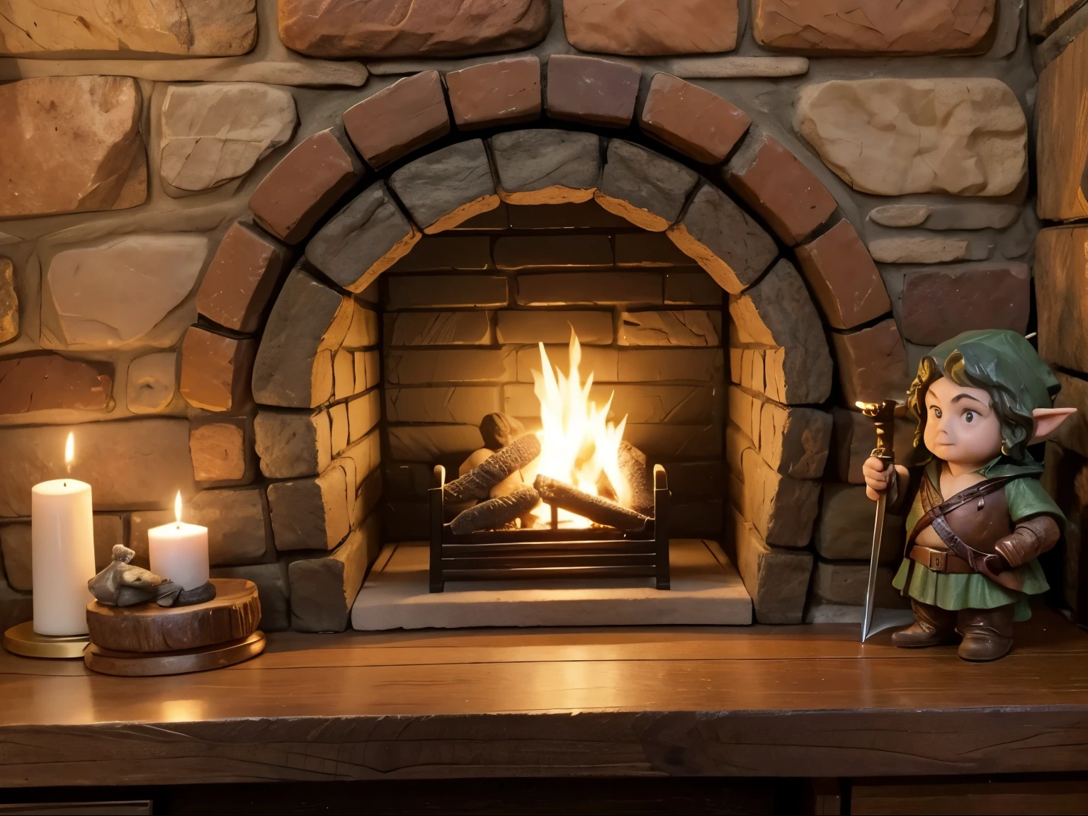 A cozy medieval stoned ROUNDED hobbit fireplace, a little statue of smeagle, a little statue of hobbit holding a sword, a hobbit LOR candle with ring, a cozy hobbit dor addornment, fantasy, magic, 8k quality