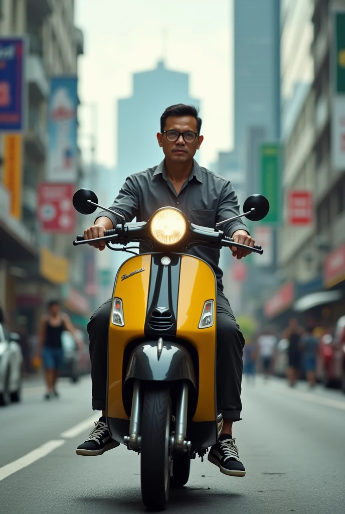 One Asiatic malay man, 32 year ,glasses,casual shirt, cargo pants, sneakers rides black and yellow vespa kalsik's motorcycle in the beautiful city of kuala lumpur outdoors, the image is very detailed, super HD