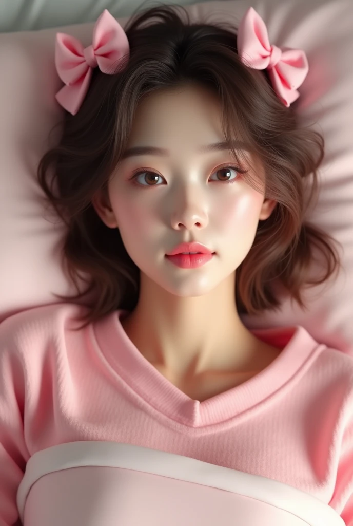 (photorealism:1.2), a man with jeong yunho face claim detailed, soft and cute features, oval soft face, soft chin, big doe eyes, puppy asian eyes, round pink lips, pale skin, feminine
face features, detailed features, laying on a bed, dressed in pink boy clothes and small pink bows on his brown boy medium hair, slim body and plane chest, realistic details
