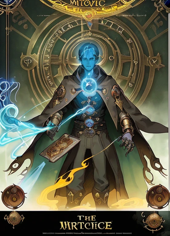 (good quality, mystic movie poster style), "Title of the book: "spirit and witches", World, where is magic. He will be an engineer., Steam punk, Technomagic, LitRPG, system. Our hero is a man: 1.2), Perfect color combination.