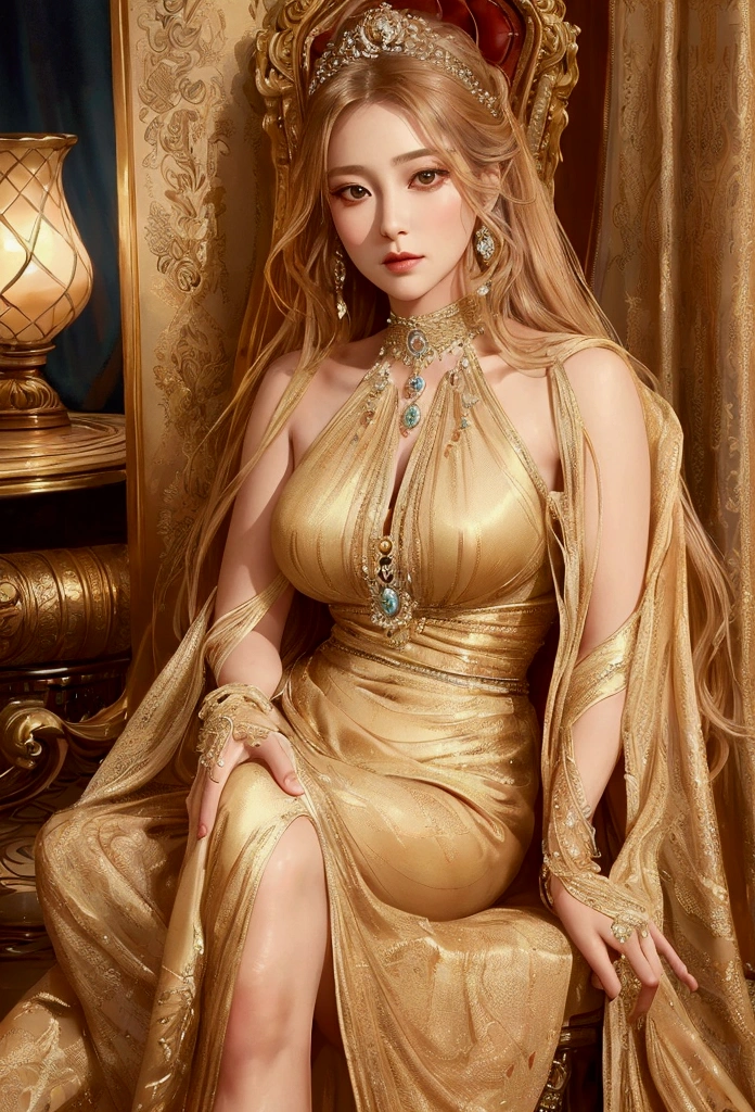 a beautiful woman in a living room, elegant evening gown, flowing hair, sitting gracefully on a couch, soft lighting, warm color palette, cinematic composition, photorealistic, 8k, high quality, intricate details, dramatic lighting, oil painting style, vibrant colors, dramatic pose, mesmerizing expression, serene atmosphere, elegant and sophisticated