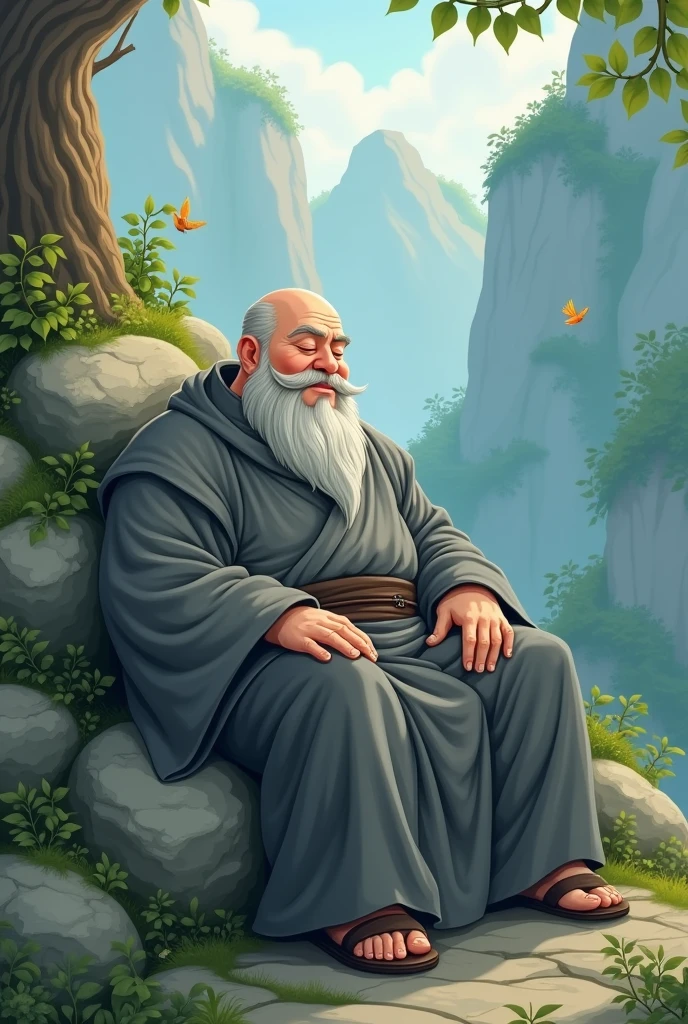 Cartoon version of a middle-aged man wearing gray monk clothes dozing on a stone with great strength