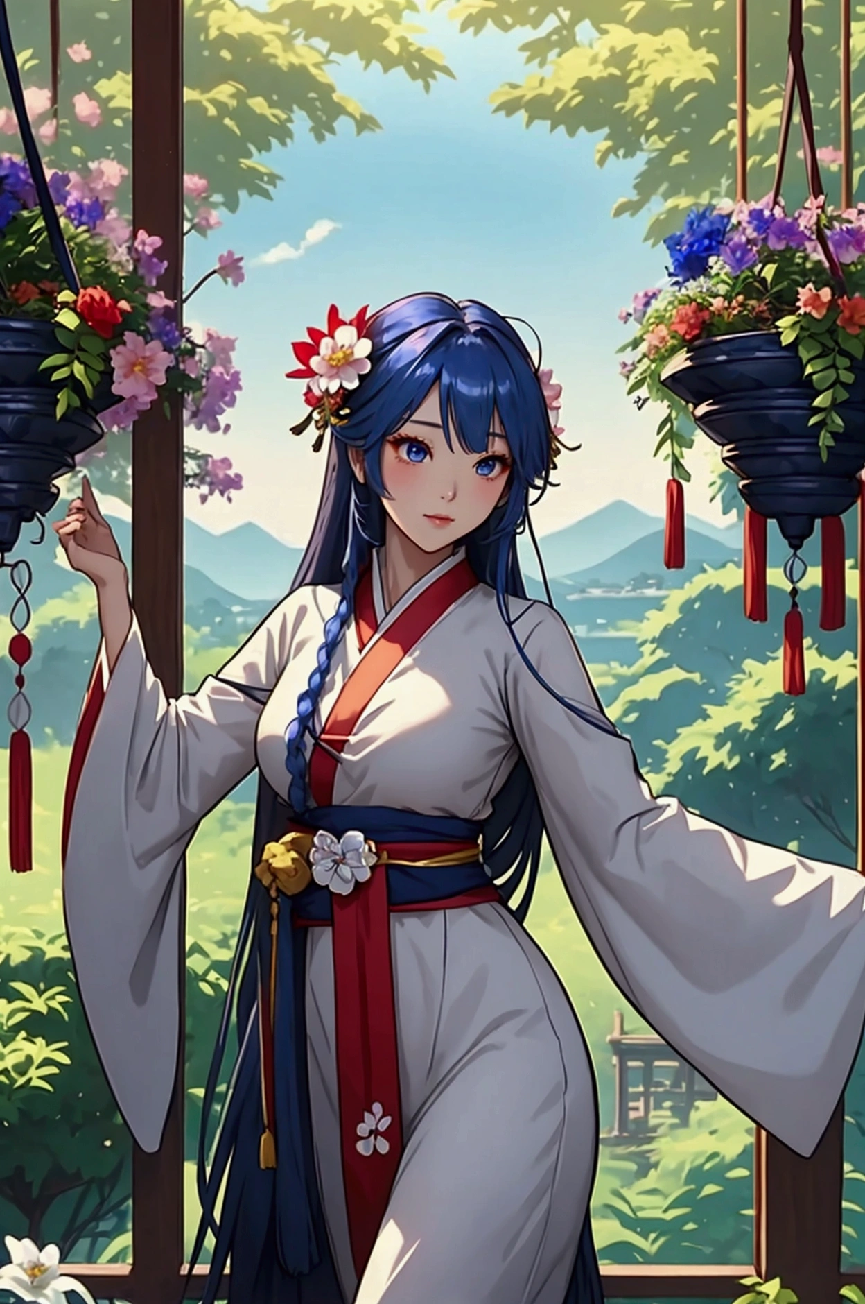 Magnificent View、Floating Island、Hanging Garden、Outdoor、Vision、View from afar、anime、High definition、Miko costume、Dancing in a garden full of flowers、Silver Hair（Long Hair、The top of the head is indigo blue、The ends of the hair are red.）、Sapphire Eyes