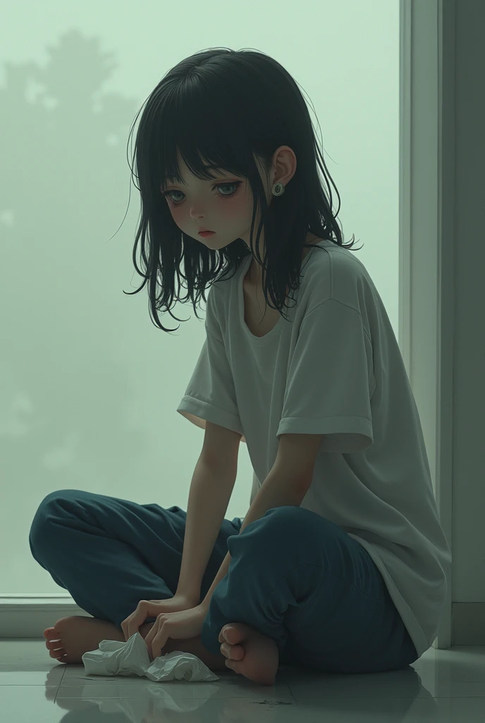 A sad girl sitting, for being alone 