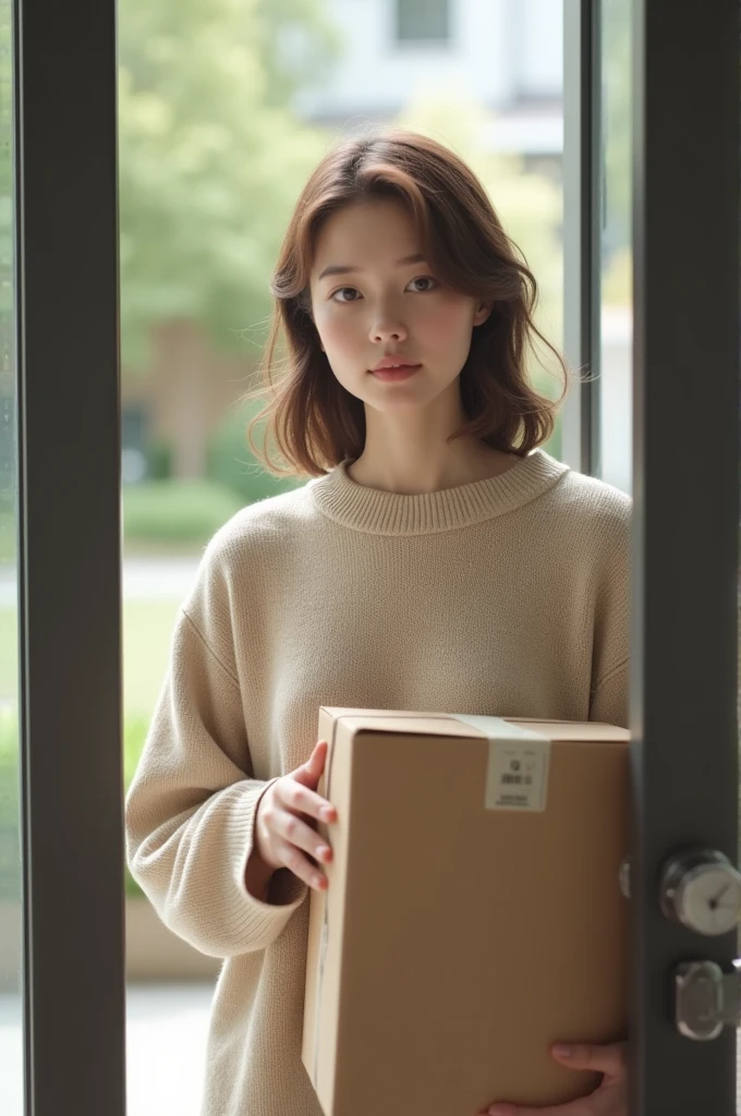 White grey ayes joung woman , brown hair. Bottonless. Usin a beige sweter, standing open a transparent glass front door reciving the postman