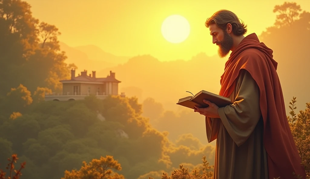 A serene and inspiring scene featuring Saint Joseph the Worker, depicted as a compassionate figure holding a tool (like a hammer) in one hand and a prayer book in the other. The background shows a warm dawn over a peaceful village, symbolizing hope and transformation. Use vibrant colors like soft yellows, warm oranges and gentle greens to evoke feelings of faith and positivity. Add a subtle glow effect around St. Joseph to emphasize his presence.