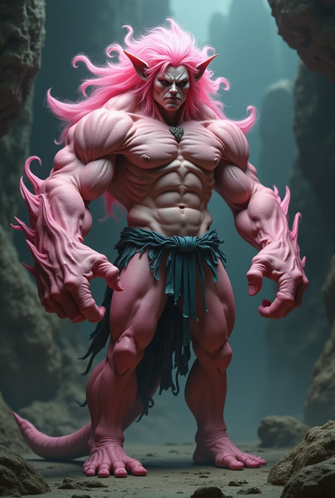 Pink haired muscular man with 2 faces,4 arms