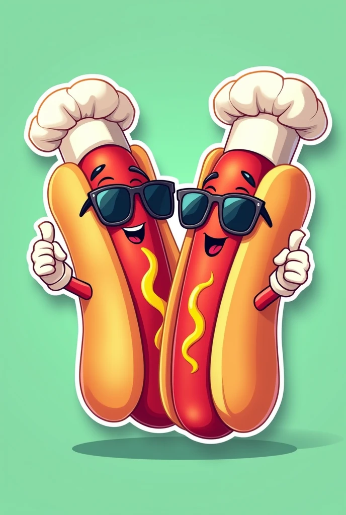 (best quality,4k,8k,highres,masterpiece:1.2),ultra-detailed,(realistic,photorealistic,photo-realistic:1.37),2 hotdogs characters,vector flat illustration,cartoon style,sunglasses,chef white hat,white gloves hands,sticker,green background,different character sizes,dynamic,vibrant colors,clean design,minimalist,playful,whimsical,fun,energetic,humorous,appealing,attractive,iconic,brand mascot,brand identity,brand : flat sticker vector 2d