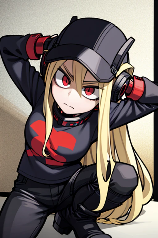 my hero academia girl long blonde hair big red eyes serious look black shirt with a skull headphones on black leather pants and long boots and keiho takami