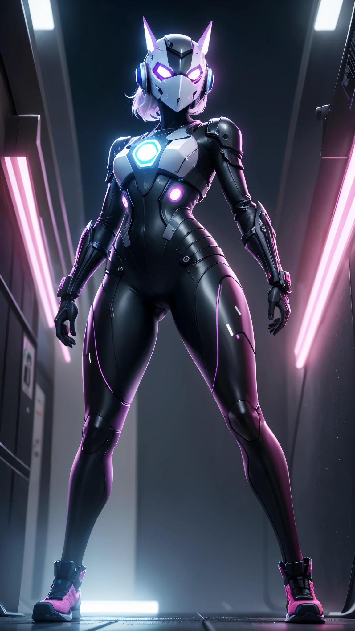 (Female protogen), cyberpunk, mechanic, bright Eyes, metallic surface, digital screen, Advanced technology, futurist, neon lights in eyes, Simplified design, Digital Organization, biomechanic,, glass visor, enhanced senses, energetic pose, invisible circuits, colored threads, Female Cyborg, (((full body))), background in tokyo city in japan