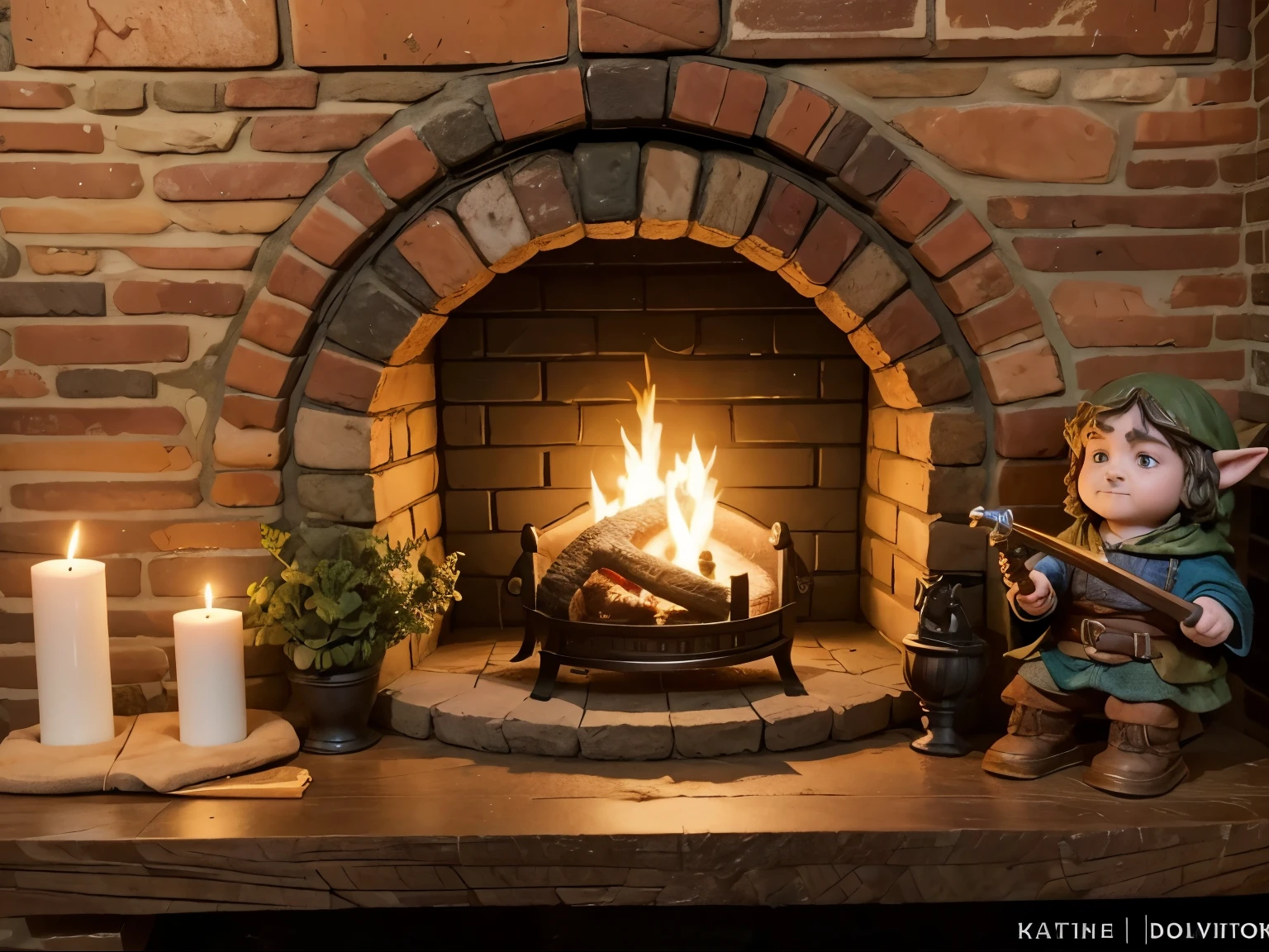 A cozy medieval stoned ROUNDED hobbit fireplace, a little statue of smeagle, a little statue of hobbit holding a sword, a hobbit LOR candle with ring, a cozy hobbit dor addornment, fantasy, magic, 8k quality