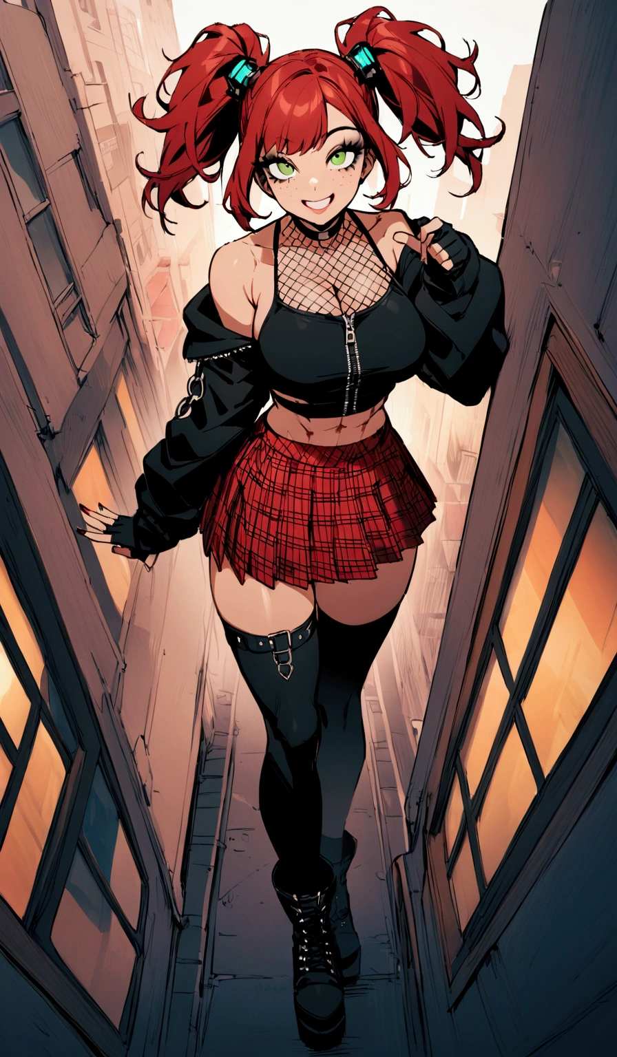 woman, grin, curly red hair in pig tails, green eyes, black eyeshadow, wearing crop top black shirt, black oversized zip up hoodie, red plaid skirt, black knee high boots, black fingerless gloves, exposed shoulders, large breasts, freckles, abs, cleavage, looking up at viewer, masterpiece, best quality, Holo-Punk Style, walking in the city, make up, eyelashes, fish net undershirt, fish net stockings, (full body)