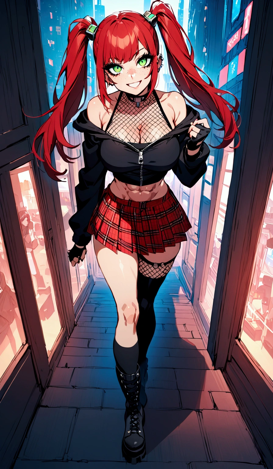 woman, grin, curly red hair in pig tails, green eyes, black eyeshadow, wearing crop top black shirt, black oversized zip up hoodie, red plaid skirt, black knee high boots, black fingerless gloves, exposed shoulders, large breasts, freckles, abs, cleavage, looking up at viewer, masterpiece, best quality, Holo-Punk Style, walking in the city, make up, eyelashes, fish net undershirt, fish net stockings, (full body)