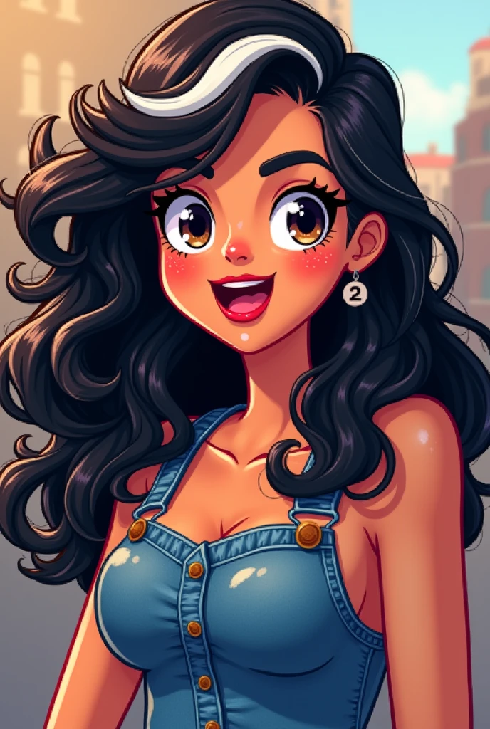 brunette woman, black person hair curly kinky layered long defined white streak, chubby, denim clothing, Brown eyes, reddened mouth, dark eyes, big and wide face, Disney pixel animation style wide nose