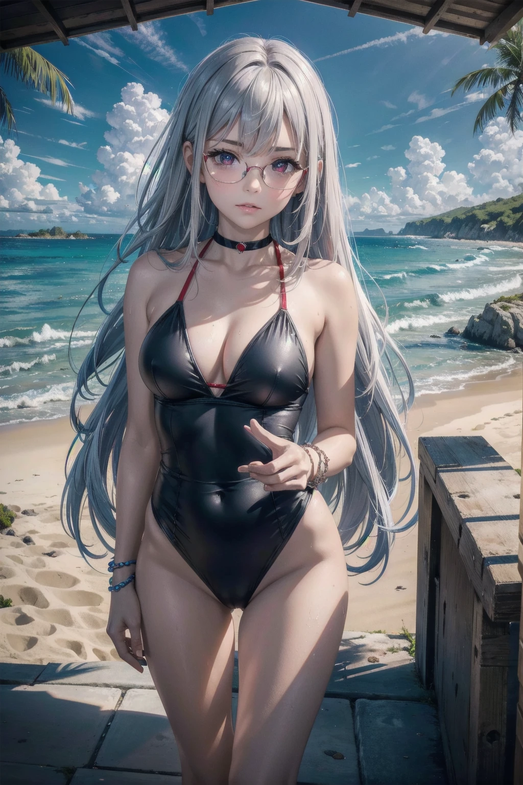 masterpiece, Superior image quality, High resolution, 4k image,Photo and gross, photorealistic, 1 young girl of 1, standing, {Alone},{{{vagina}}}, beautiful face, long silver hair, scarlet red eyes, very detailed eyes, shy expression, Glasses, choker:1.6, blue swimsuit, bracelet, sensual lips , show details in the eyes, view from front, playa,  beach with sea view, at daytime