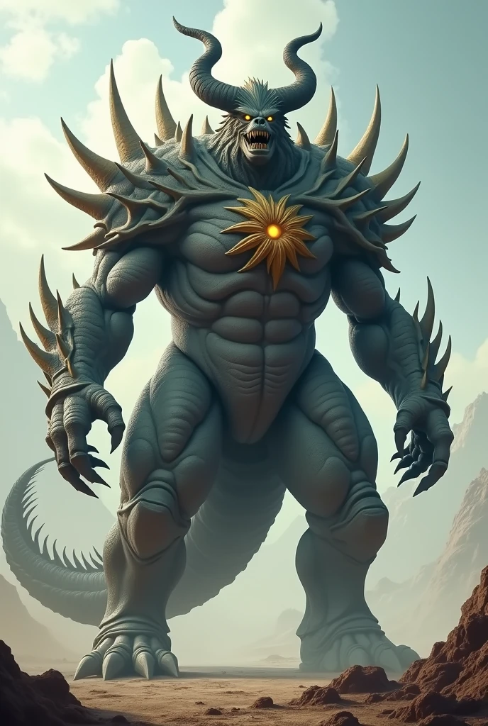 A colossal Kaiju with a black and orange shell, giving him a demonic appearance. Its head is large, with a central horn on the forehead and sharp bony ridges projecting from the sides, resembling horns. It has powerful jaws with sharp teeth and glowing eyes that emanate a menacing gaze..

Its body is robust and covered in natural armor plates that overlap like scales.. her shoulders are broad, and his muscular arms end in hands with sharp claws. On the chest, there is a flower-like bone formation, composed of layered plates. Your legs are strong, with sharp claws on the feet, and its long tail, thick and thorny, can be used as an additional weapon.